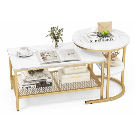 Set of 2 Coffee Nesting Table Set Detachable 2-Tier Sofa Side Table Faux Marble