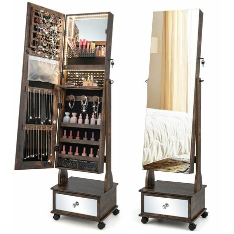 Lockable Jewelry Armoire w Full Length Mirror 3 Color Light Drawer Adjustable