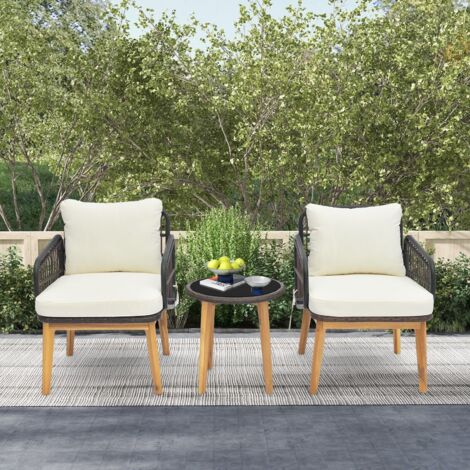 3 Piece Patio Chair Set Outdoor Rattan Bistro Set with Removable Cushion