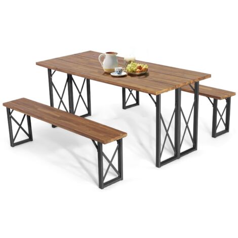 3 Pieces Outdoor Picnic Table & Bench Set Garden Wooden Dining Table w/ Umbrella Hole (1/5)