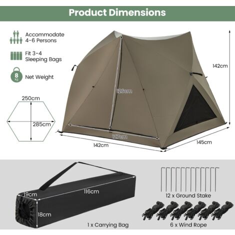 4-6 People Pop-up Camping Tent 6-Sided Family Tent Portable Hiking Tent