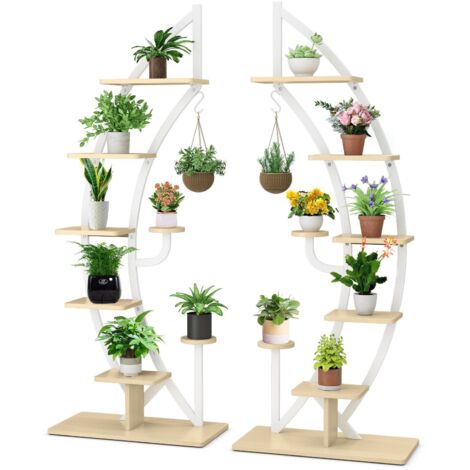 2 Pcs Wooden 8-Tier Plant Stand Rack Curved Half Moon Shape Ladder Shelf-White