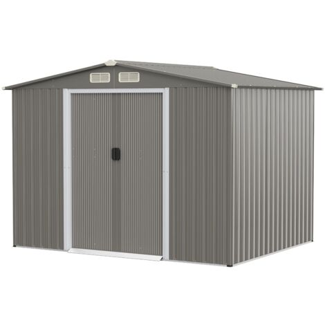 8 x 6 FT Outdoor Storage Shed Galvanized Steel Shed w/ Foundation & Ramp