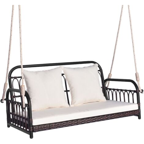 2-Person Patio Wicker Swing Chair Hanging Outdoor Swing Bench w/Cushions (1/5)