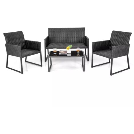 4 Pcs Wicker Patio Furniture Set Outdoor Conversation Set W/Tempered Glass Table