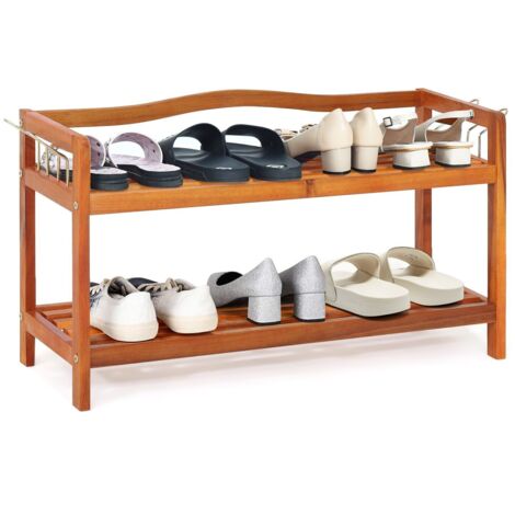 2-Tier Wood Shoe Rack Solid Shoe Storage Shelf Organizing Unit w/ Side Hooks (1/5)