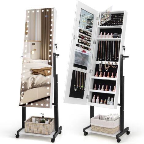 Standing Jewelry Cabinet Lockable Jewelry Armoire Organizer w/ Wheels