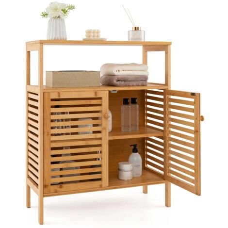 Bamboo Side Storage Organizer Bathroom Floor Cabinet w/ Double Doors (1/5)