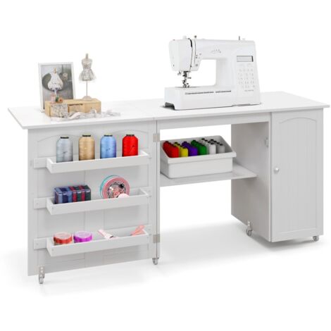 Large Foldable Sewing Table Rolling Drop Leaf Craft Table with Lockable Casters (1/5)