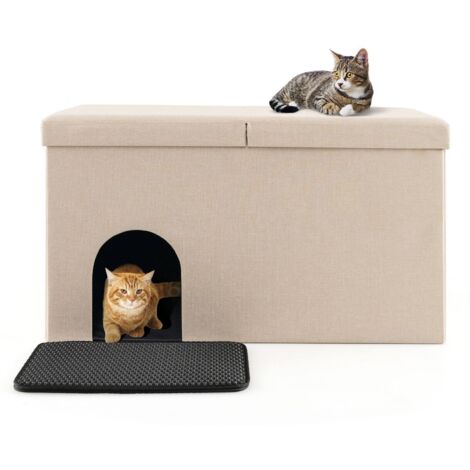 3-in-1 Cat Litter Box Enclosure Hidden Cat Washroom Ottoman Shoe Bench Flip-up