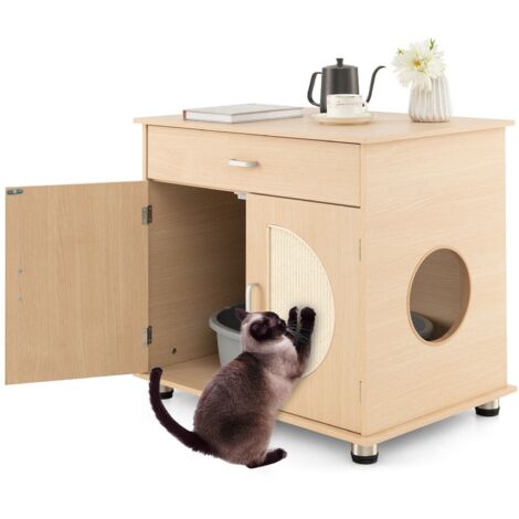 Wooden Cat Litter Box Enclosure w/ Sisal Scratching Doors Hidden Cat Washroom