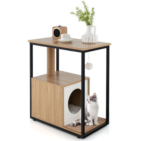 Indoor Cat Furniture End Table Cat House Wooden Cat Scratch Side Table-Natural