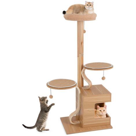 Wooden Cat Tree 129cm Tall Cat Tower Cat Climbing Gurniture w/ Cat Condo (1/5)