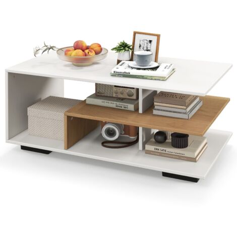 Versatile 3-Tier L-shaped Coffee Table Wooden Center Table with Open Storage (1/5)