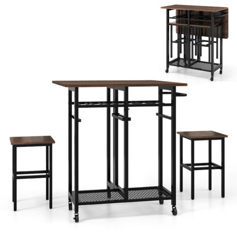 3 Piece Dining Table Set Extendable Kitchen Table 2 Stools w/ Wine Rack (1/5)