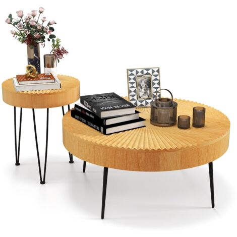 2PCS Round Nesting Tables Boho Farmhouse Accent Coffee Tables w/Adjustable Foot