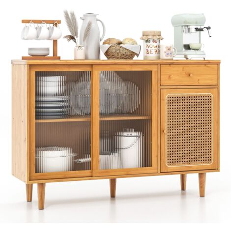 Kitchen Buffet Sideboard Storage Cabinet Cupboard w/ Tempered Glass Sliding Door (1/5)