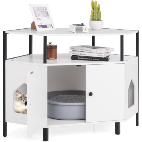 Corner Cat Litter Box Enclosure Cat House Cabinet with Open Shelf