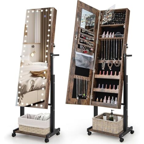 Lockable Jewelry Armoire Organizer w/ 3-Color Dimmable LED Full-Length Mirror