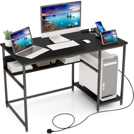 Computer Desk with Power Outlet 120CM Computer Workstation with Storage Shelf & CPU Stand