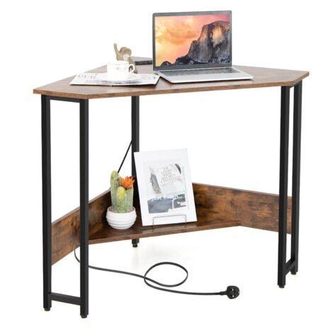 COSTWAY Corner Desk 90-degree Triangle Computer Desk Laptop Desk w/Power Outlet