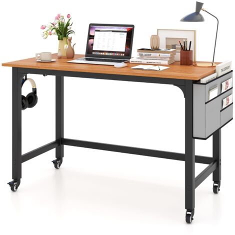 COSTWAY Mobile Computer Desk 120cm Home Office Desk w/ Storage Bag-Teak