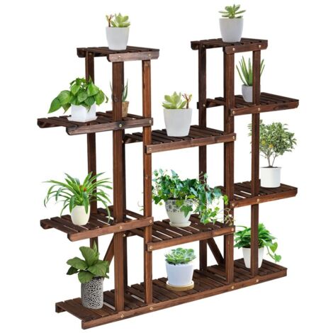 9 Tier Wood Plant Stand Carbonized Plants Display Rack Flower Shelf (1/5)