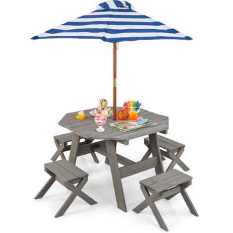 COSTWAY Wooden Octagon Table Set Kids Outdoor Toddler Wooden Picnic Table w/Umbrella