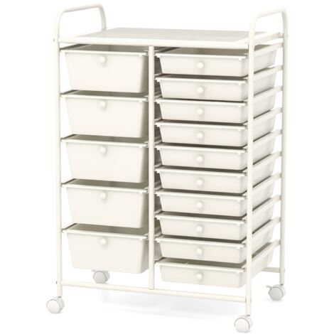 COSTWAY 15 Drawers Storage Trolley Mobile Rolling Utility Cart-White (1/5)