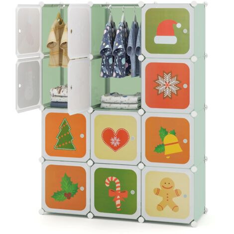 COSTWAY Portable Kids Wardrobe Bedroom 12-Cube Baby Closet-Green