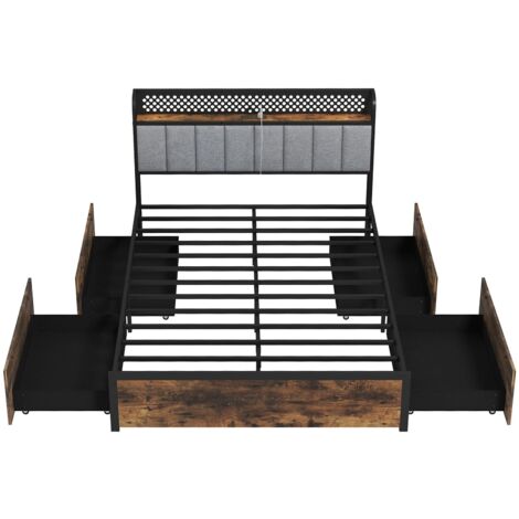 COSTWAY Double Bed Platform Bed with LED Lights & USB Power Outlets