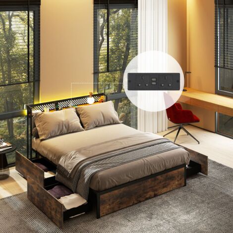 COSTWAY Double Bed Platform Bed with LED Lights & USB Power Outlets