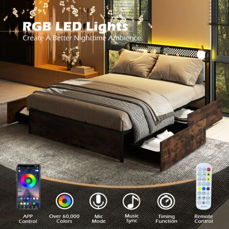 COSTWAY Double Bed Platform Bed with LED Lights & USB Power Outlets
