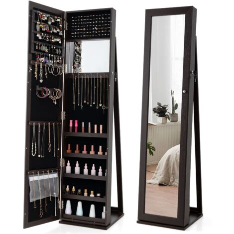 COSTWAY Lockable Standing Jewelry Armoire with Full-Length Mirror-Coffee (1/5)
