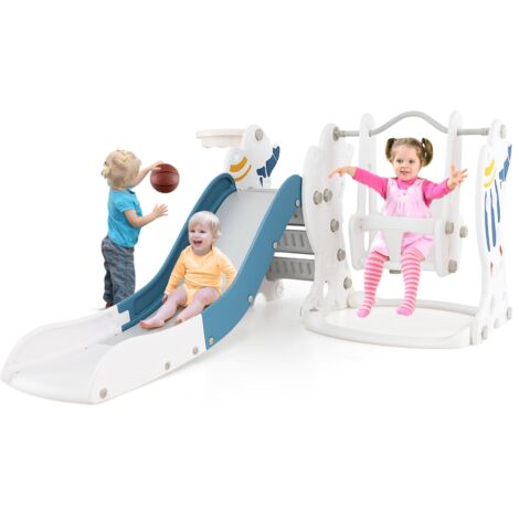 COSTWAY Toddler Slide and Swing Set 4-in-1 Indoor Playground w/Extended Slide