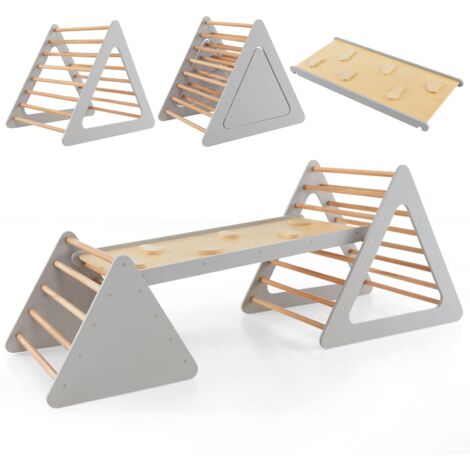 COSTWAY 3 in 1 Toddler Climbing Toy Set Wooden Climber Log Bridge Activity Center-Grey