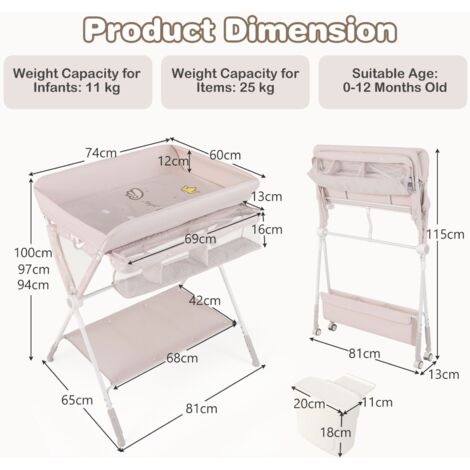 Diaper Changing Station Foldable Baby Changing Table w/Lockable Wheels