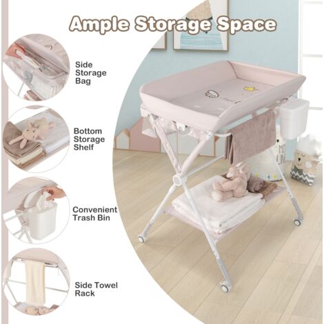 Diaper Changing Station Foldable Baby Changing Table w/Lockable Wheels