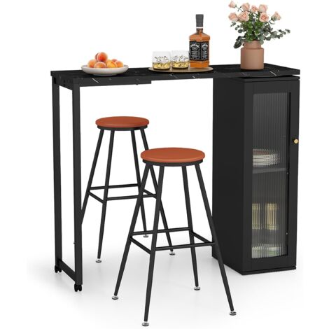 Costway – Swivelling bar table set of 3 with 2 chairs and storage cabinet – 120cm long – Modern black MDF and metal design – For kitchen and dining (1/5)
