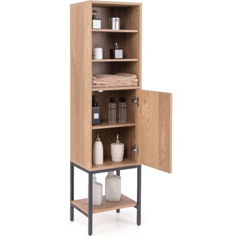 COSTWAY Tall Storage Cabinet Freestanding Cabinet w/Adjustable Shelf-Natural (1/5)