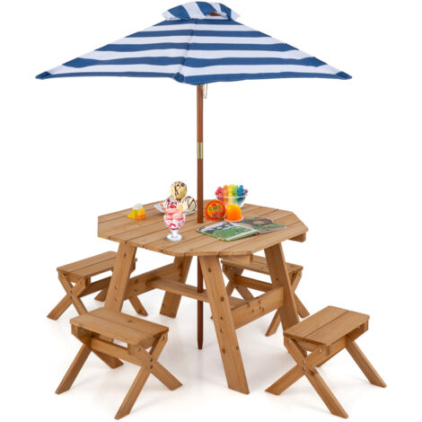 COSTWAY Wooden Octagon Table Set Kids Outdoor Toddler Wooden Picnic Table w/Umbrella