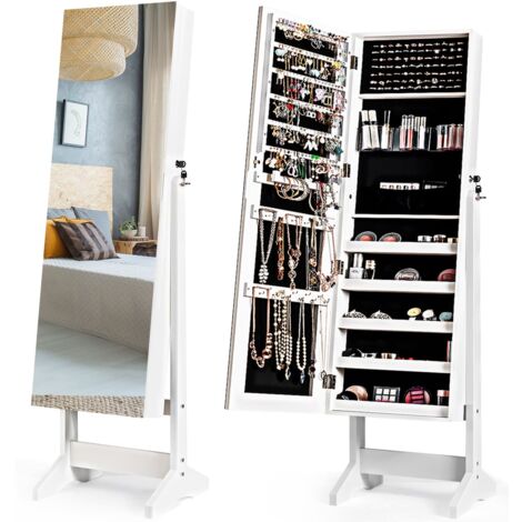 COSTWAY Jewelry Cabinet Free Standing Jewelry Armoire w/Full-Length Mirror-White