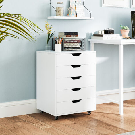 COSTWAY 5 Drawer Chest Storage Wooden Dresser Rolling Storage Cabinet Mobile Organizer (1/5)