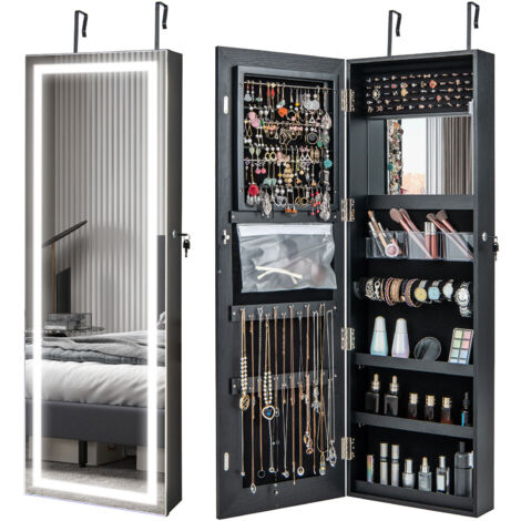 COSTWAY 120cm LED Mirror Jewelry Cabinet Hanging Jewelry Organizer Mirror Black