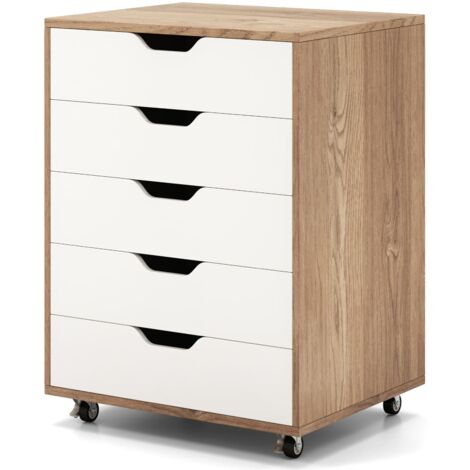 COSTWAY 5 Drawer Chest Rolling Dresser Storage Cabinet w/Lockable Wheels-Natural (1/5)