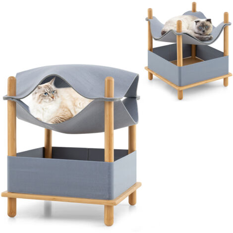COSTWAY 2-Tier Wooden Cat House Modern Cat Tree w/Semi-enclosed Condo-Gray