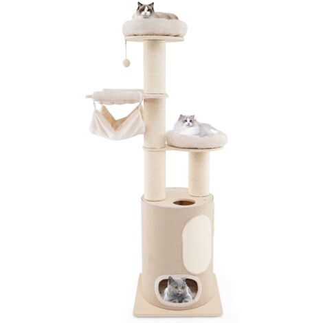 COSTWAY 187 cm Tall Wooden Cat Tower Tree w/ 2-Story Cat Condo & Hammocks