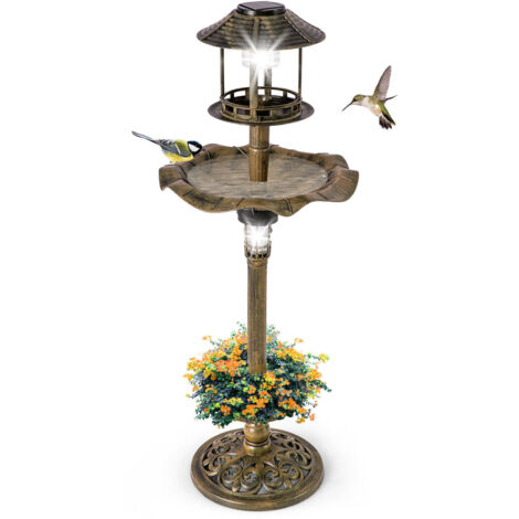 COSTWAY Solar Outdoor Bird Bath Antique Lighted Birdbath & Feeder Combo Decoration (1/5)