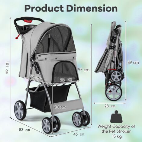 COSTWAY Coswtay Pet Stroller Cat/Dog Folding Carrier Strolling Cart w/Basket-Grey