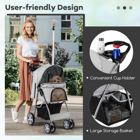 COSTWAY Coswtay Pet Stroller Cat/Dog Folding Carrier Strolling Cart w/Basket-Grey